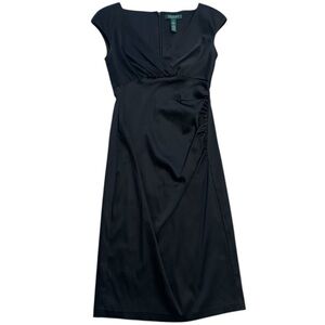 LAUREN RALPH Black Satin Midi Dress Cocktail Party Work Event Holiday Size 2